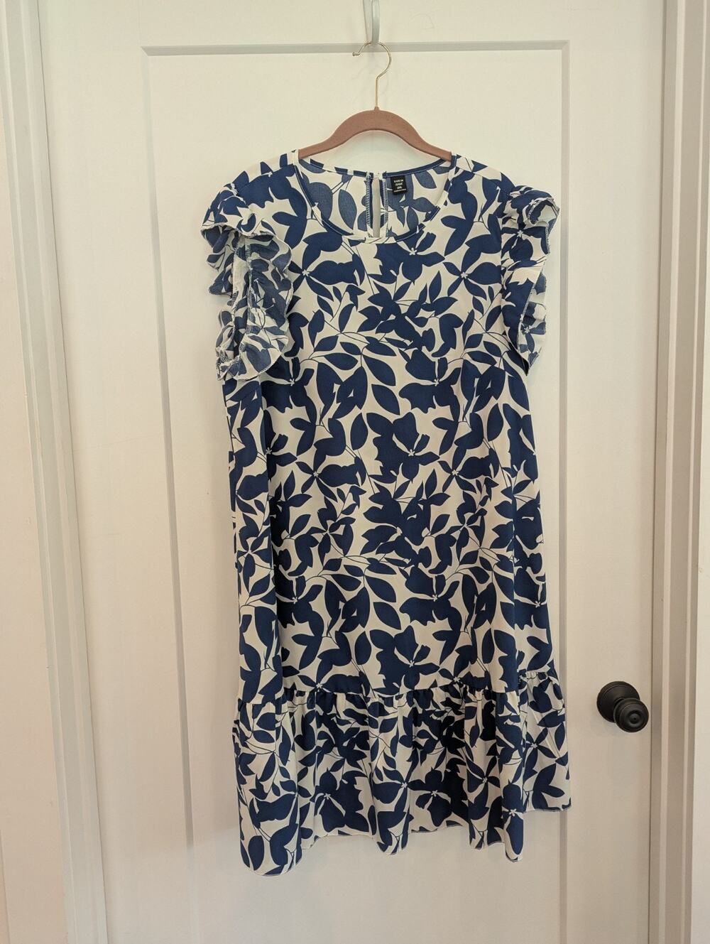 Women's 2X Blue&White Botanical Pattern Short Dress Tiered Ruffle Sleeve EUC